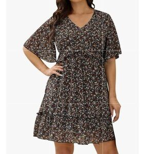 Manydress Womens Chiffon Floral Print Vneck‎ Casual Mini Boho Swing Dress Large